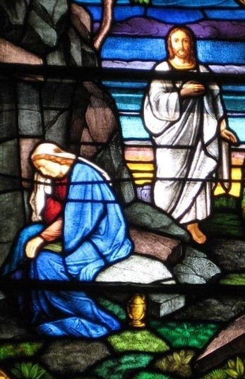 jesus and woman at tomb stain glass